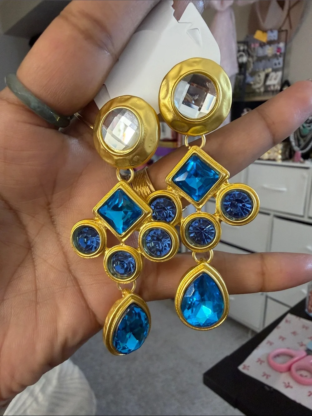 Gold-Tone Blue Crystal Drop Earrings - Women Jewelry